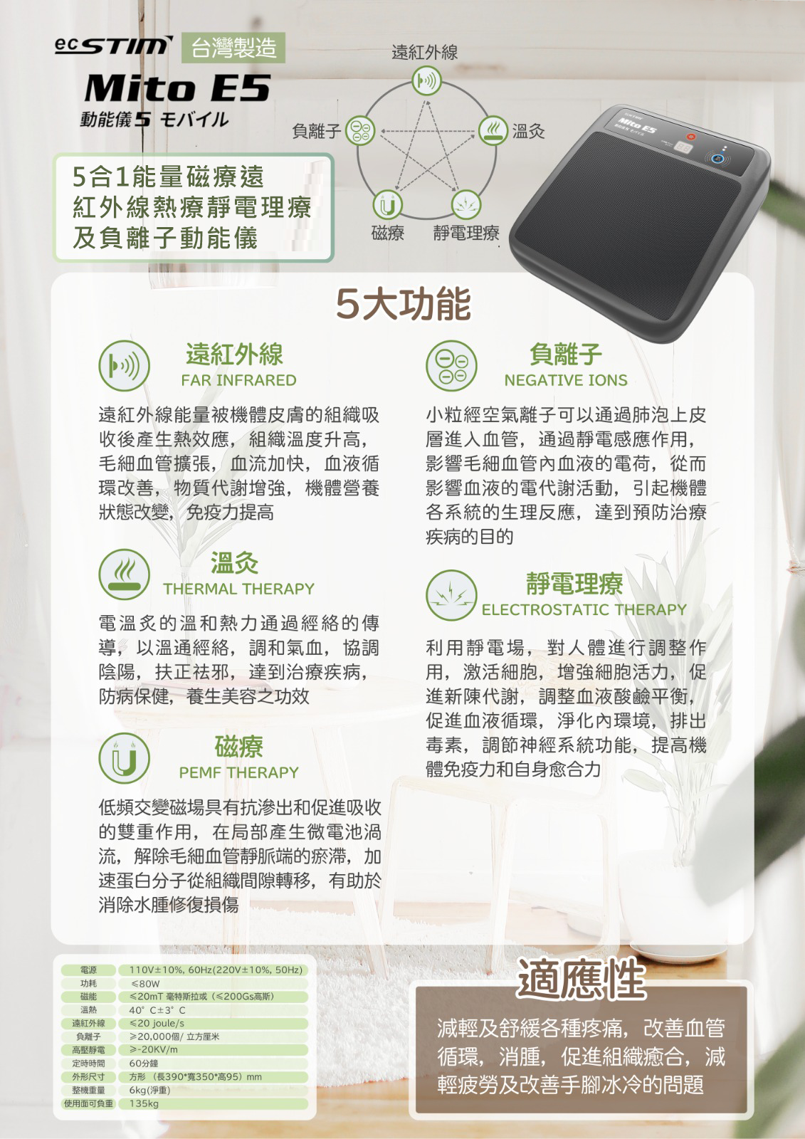2025 全新ecSTIM Mito E5動能儀5 改善亞健康紓緩肌肉神經疼痛 5合1能量磁療遠紅外線熱療靜電理療及負離子動能儀