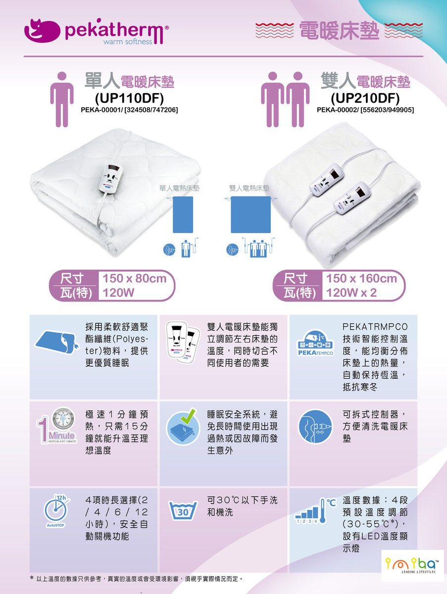 pekatherm - 電暖床墊單人 定時功能 150X80CM 電熱墊 電暖墊