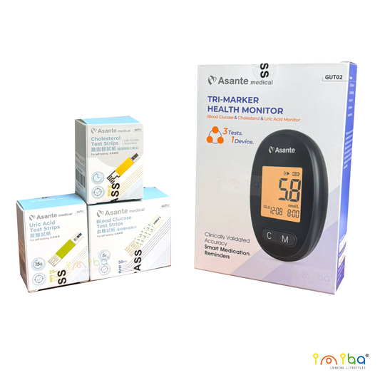Asante 3合1血糖尿酸膽固醇測試儀套裝(主機+血糖試紙50張+膽固醇10張+尿酸10張+50支針)